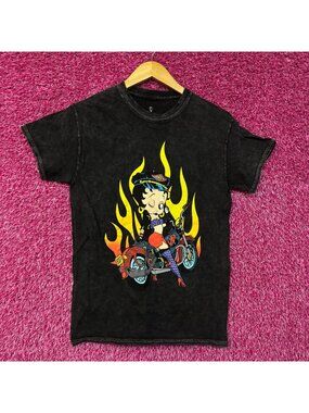 Betty Boop Biker Betty Flames Graphic Tee Charcoal Small